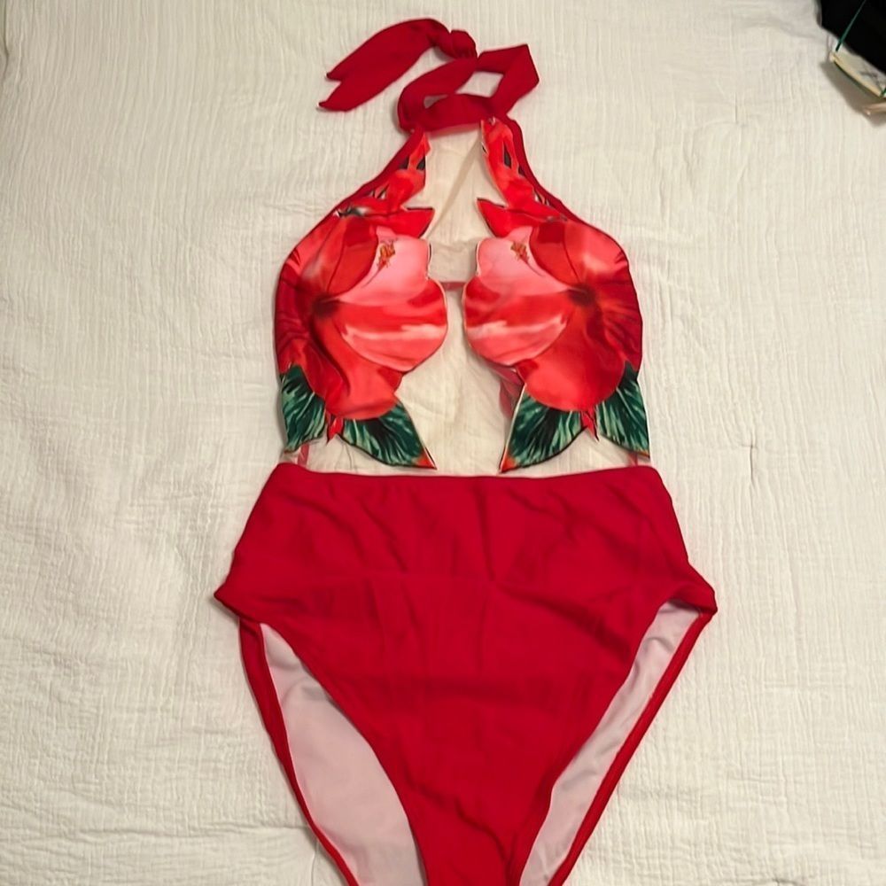 NWOT - Red Floral Halter Open Back One Piece Swimsuit